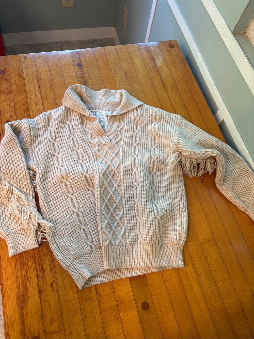 Sadie & Sage Cream Cable Knit Fringe Collared Sweater